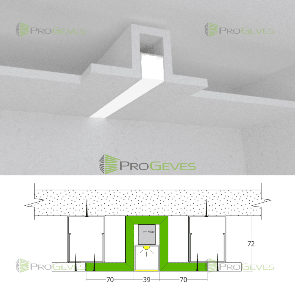 תותב גבס להתקנה בתקרה פרופיל תאורה אלומינום עם פרספקס ומקום לשנאי תאורה PG7.1